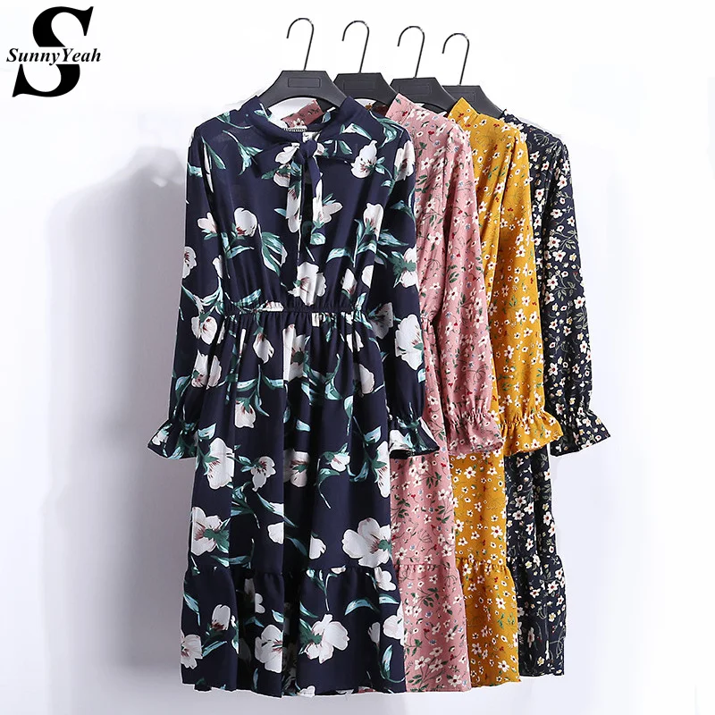 

Floral Print Chiffon Elegant Dress Women 2019 Spring Summer Dress Black Midi Ladies Casual Long Sleeve Party Dresses Vestidos