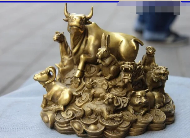 

free 6" Brass Copper Feng Shui Coin Money Wealth Evil Twelve Zodiac Bull OX Art Statue fast