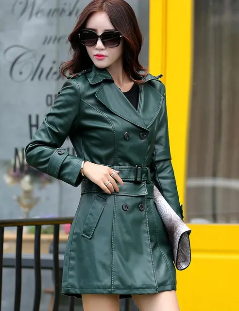 2 Uses For Short And Long Green Leather Coats Women Faux Leather Jacket Turn-Down Collar Jaqueta Couro Jaqueta De Couro Feminina 1