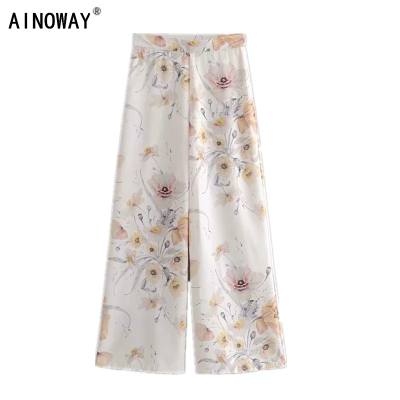 

Vintage chic Summer elegant women floral print bohemian wide leg pants ladies casual loose linen Boho pants versize