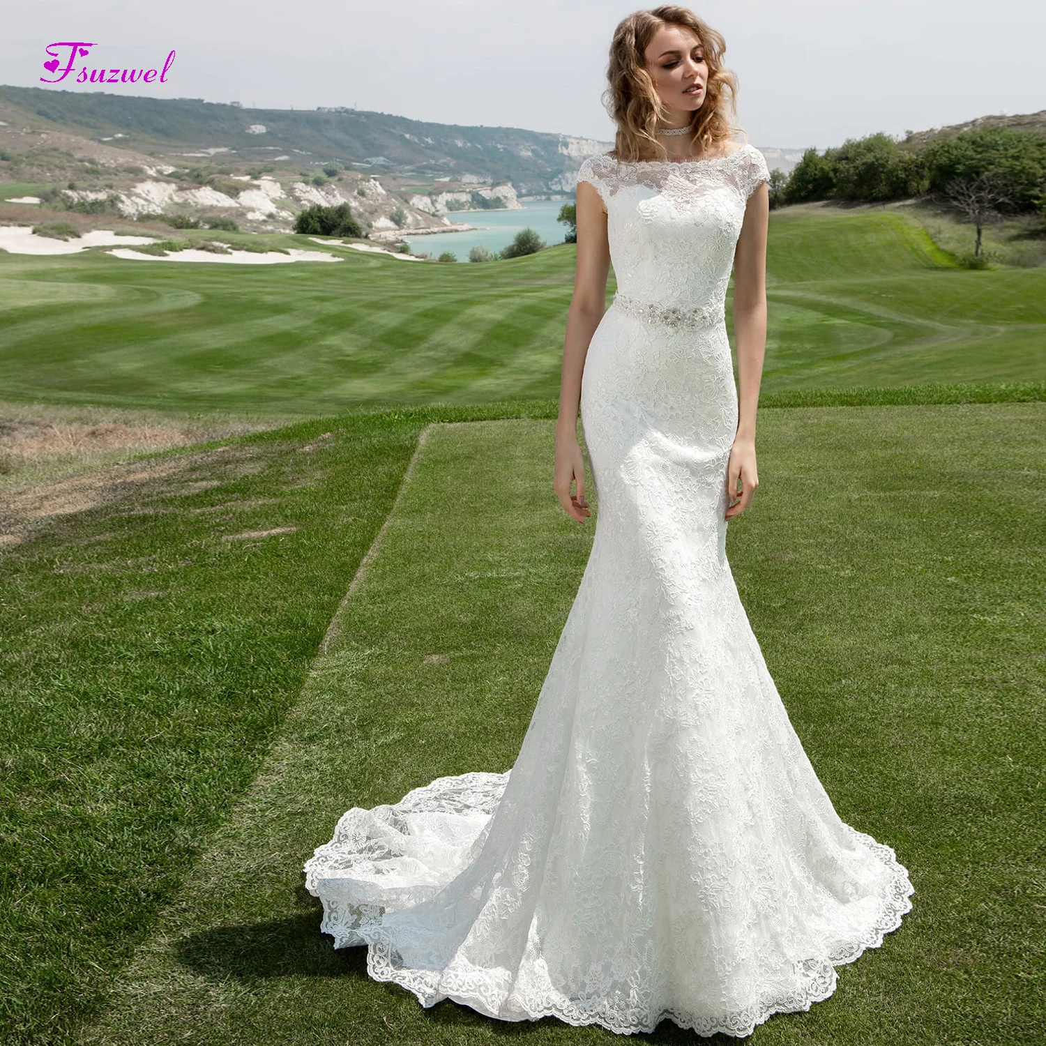 

Graceful Cap Sleeve Appliques Scoop Neck Lace Mermaid Wedding Dresses 2020 Luxury Sashes Beaded Princess Bridal Gowns Plus Size