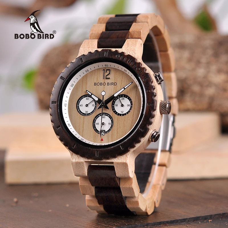 BOBO BIRD Two-tone Wooden Watches for Men Engraved Leather Chronograph Watch with Date Display relojes hombre 2018