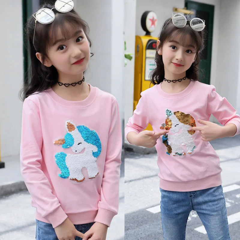 

Change color Sweatshirts Sequins Girls unicorn Hoodies Children's Cotton Kids Clothes