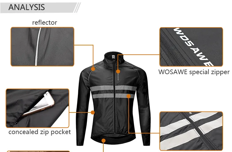 WOSAWE Ultralight Reflective Men's Cycling Jacket Long Waterproof Windproof Road Mountain Bike MTB Jackets Bicycle Windbreaker