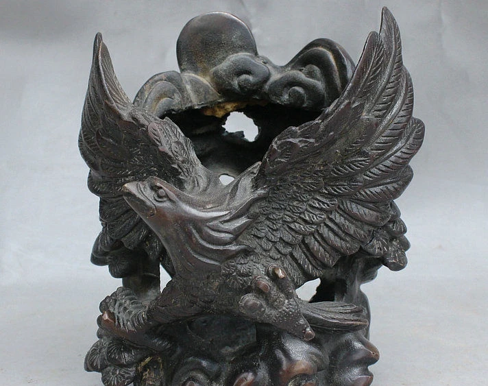 

5" China FengShui Bronze Dapeng Eagle Hawk Pine Statue Brush pot Pen container