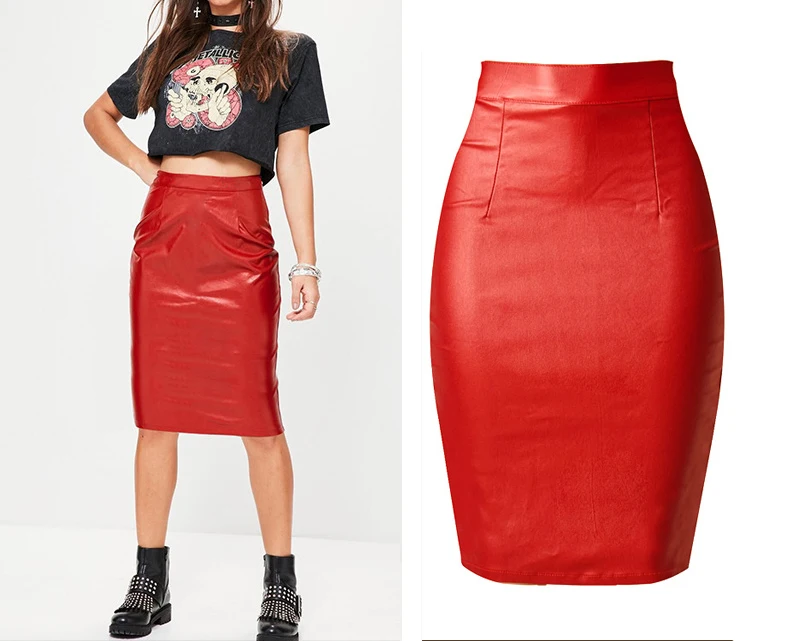 2017 new European and American wind punk high waist Slim stretch Maccaron big red leather imitation leather cowboy half body pack hip skirt after the fork (2)