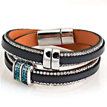 Новое поступление, уникальный дизайн, горный хрусталь, блестящий кристалл, шарм, двойная обертка, кожаная Магнитная застежка браслеты для женщин, подарок