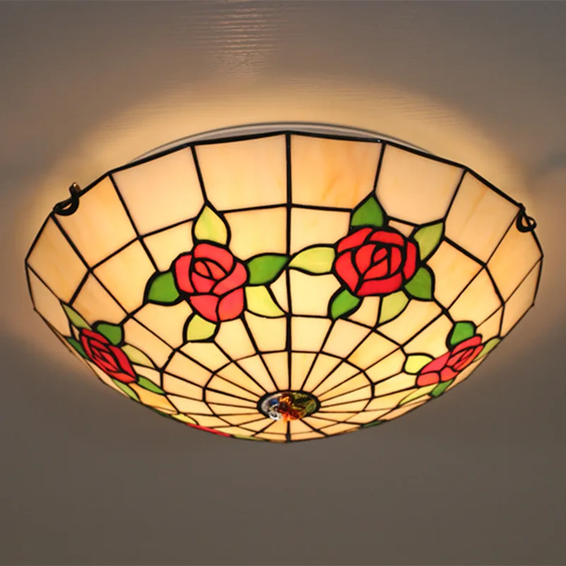 

16 Inch Stained Glass Rose Light Round Ceiling Lamp for Living Room Study Lamp LED Dining Room Light Balcony Ceiling Light