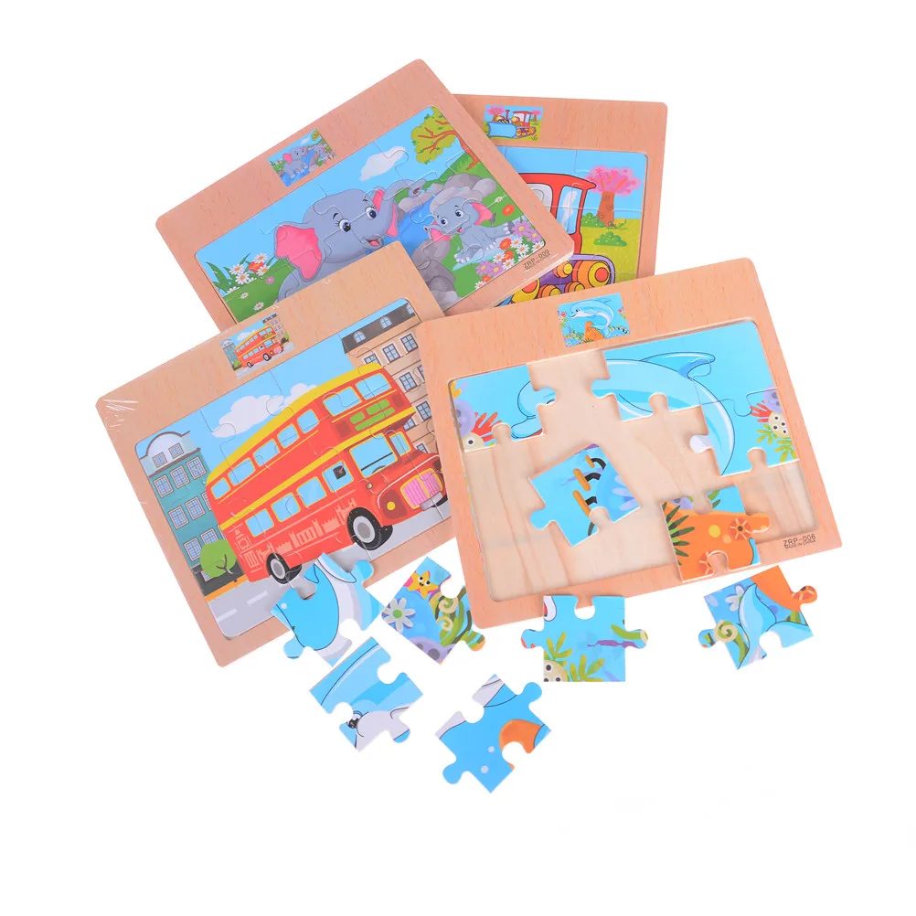 

2018 New Baby Toys 12Pcs Cartoon Animal/Vehicle Jigsaw Puzzle Have Reference Photo Wooden Toys Kids Educational Learning Gift