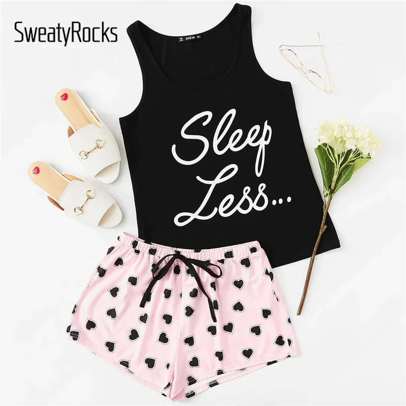 

SweatyRocks Letter Print Top And Drawstring Waist Shorts PJ Set Kawaii Sleeveless Pajamas For Women Summer Stretchy Pajama Sets