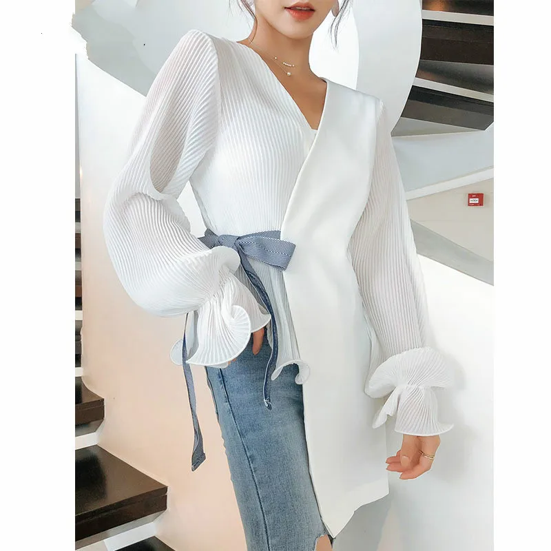 

White Irregular Women Blouse Fashion Patchwork V Neck Harajuku Blusas Bow Belted Elegant Office Lady Long Sleeve Cardigan Tops