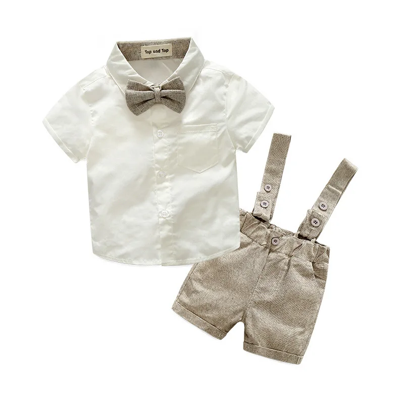 Летний осенний стильный комплект одежды для маленьких мальчиков, хлопковая одежда для новорожденных, 2 предмета, футболка с короткими рукавами+ подтяжки, Костюм Джентльмена - Цвет: 2