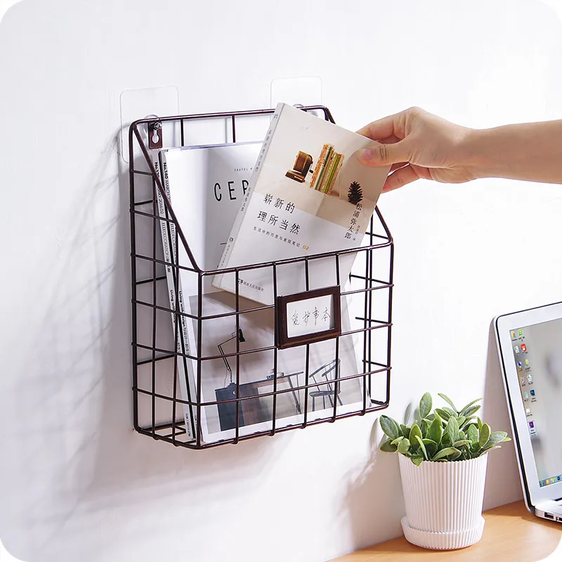 

Iron Wall Hanging Storage Baskets Multi-Use Iron Wire Check Sundries Storage Box Magazines Storage Holder Books Rack Home Decor