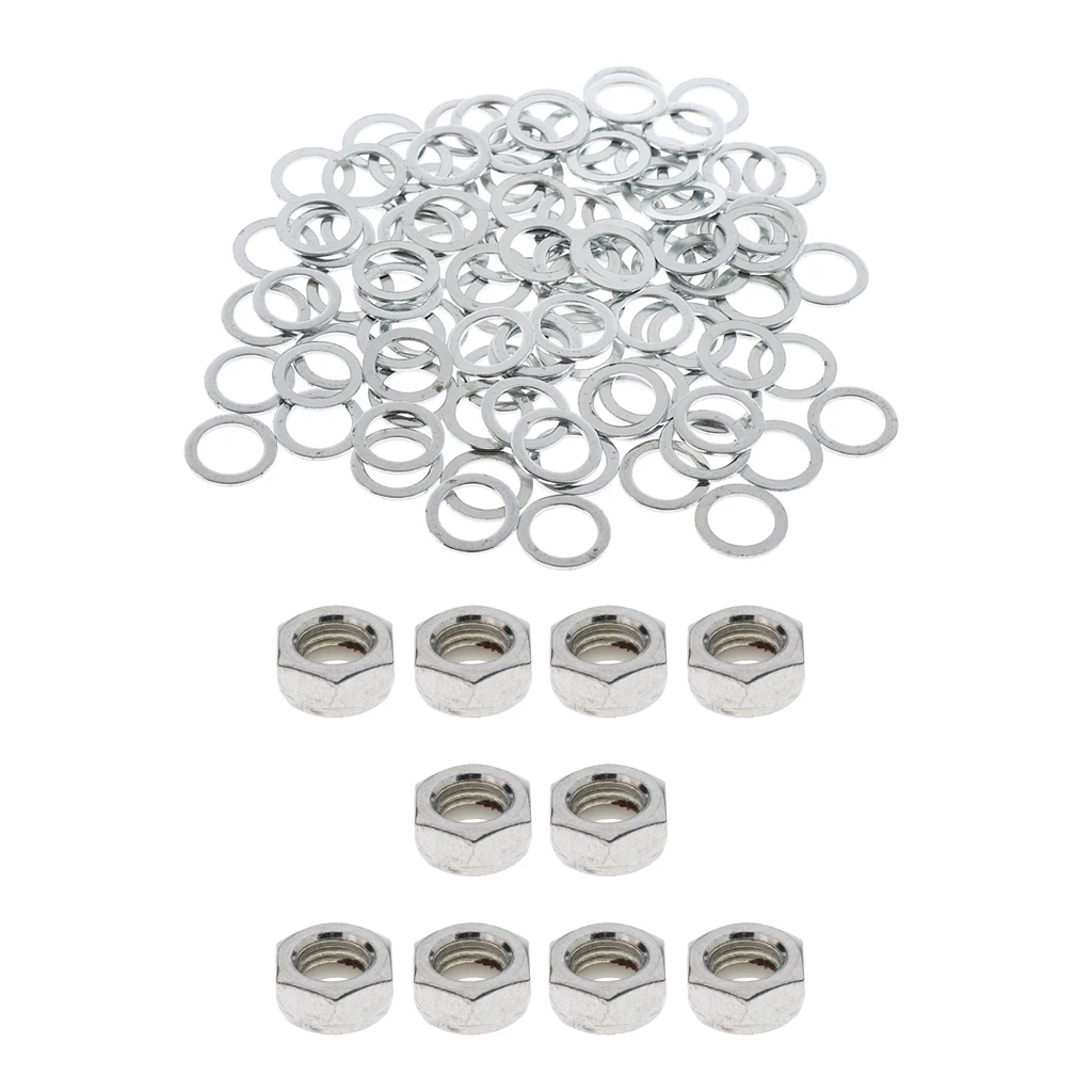 10pcs Skateboard Trucks Mounting Axle Hexagon Nuts Longboard Hardware Silver + 100pcs Bearings Washers Accessories