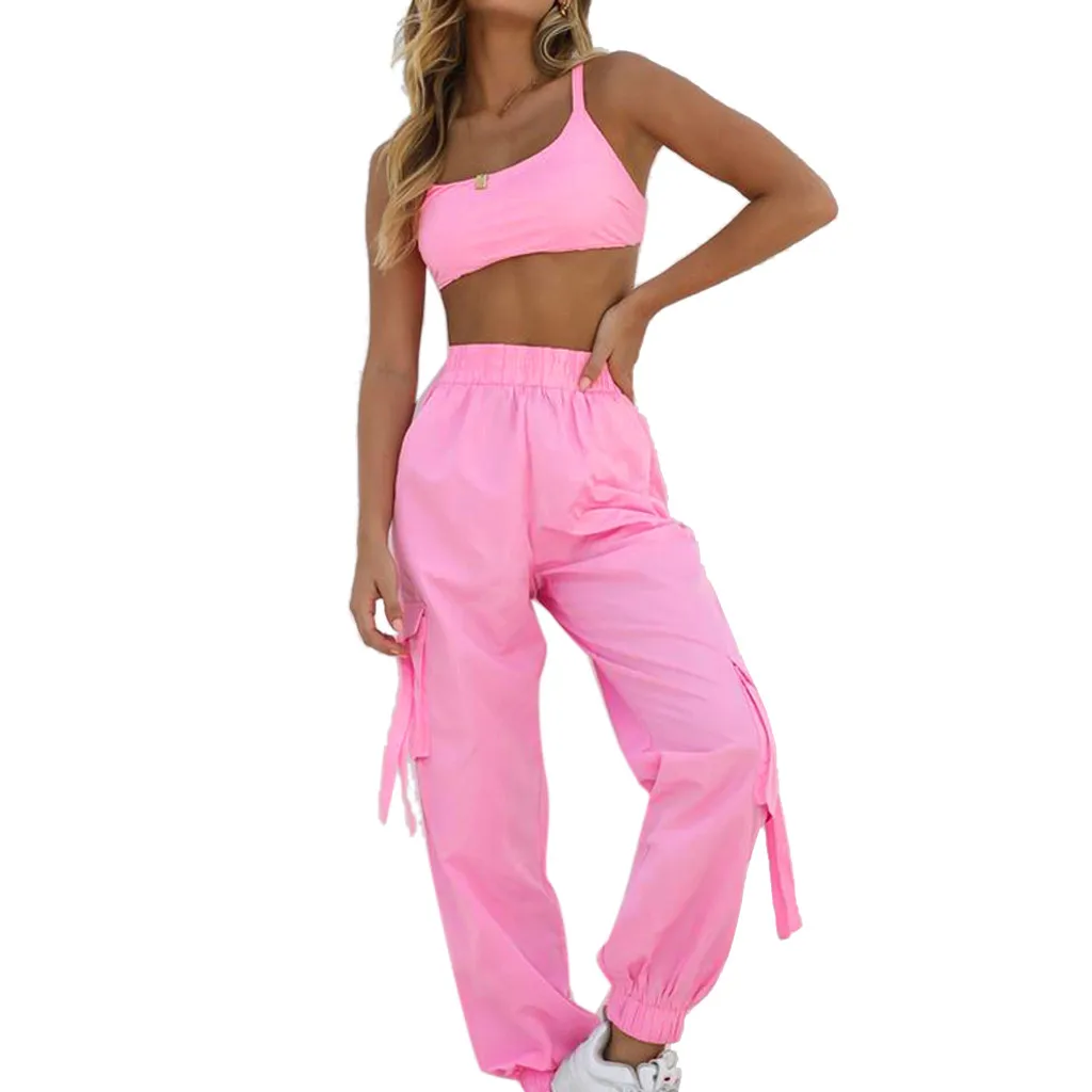 JAYCOSIN, новинка, летний женский костюм, сексуальный, модный, розовый, комплект одежды, спортивный укороченный топ, широкие штаны, спортивный костюм для бега, 904253 - Цвет: Розовый