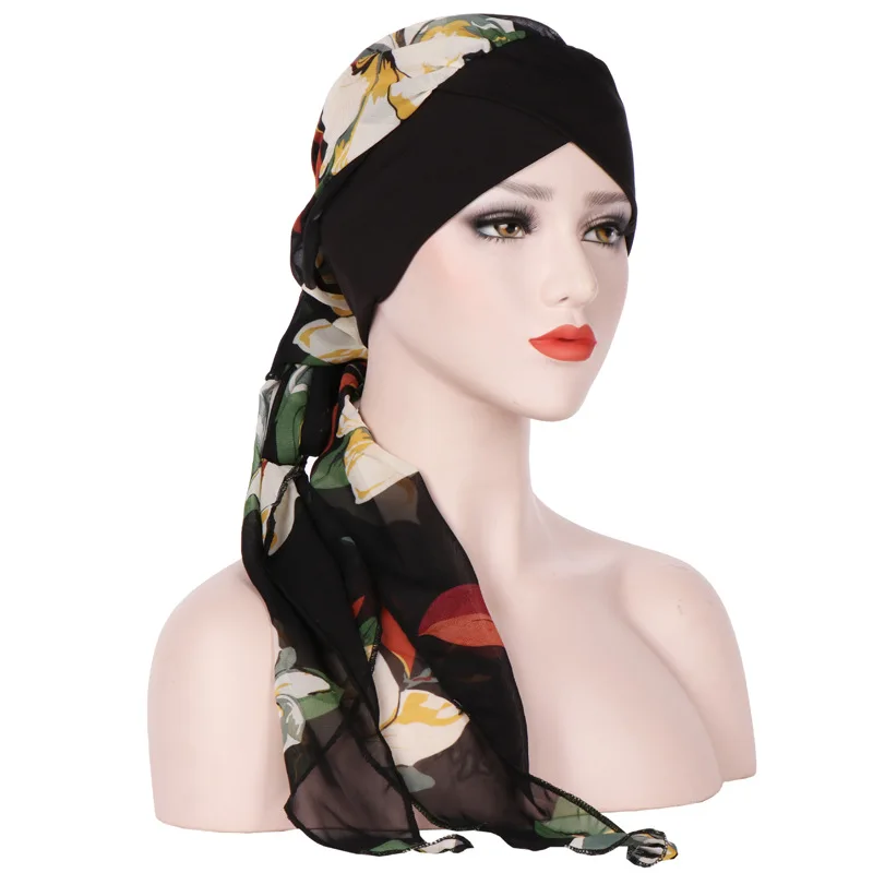 

Fashion Forehead Cross Milk Silk Splicing Chiffon Long Tail Hat Multicolor Floral Muslim Head Cap Winter Hats For Women