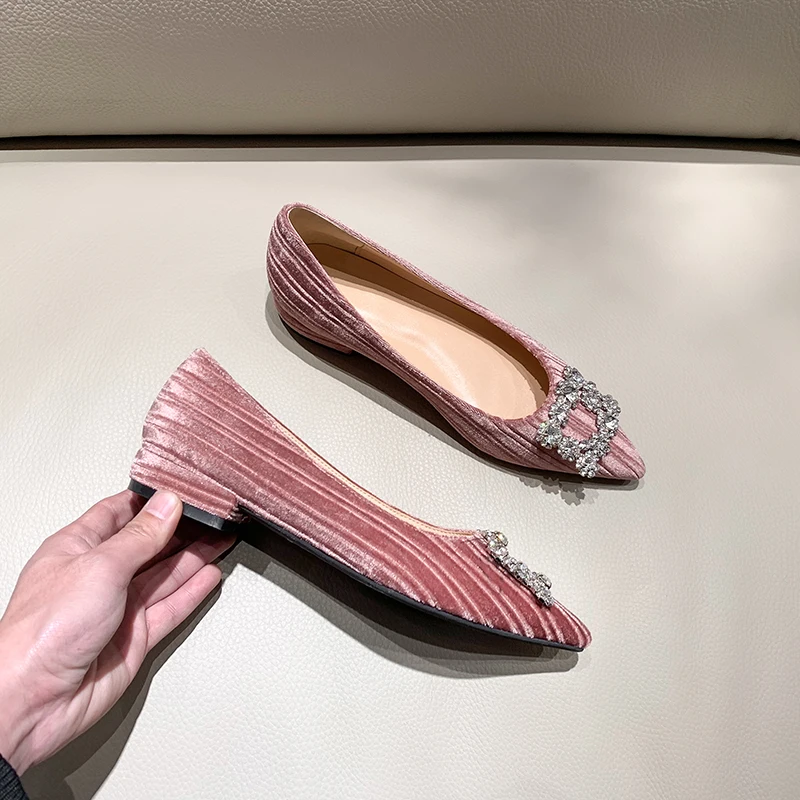 

4 Color women's velvet slip-on flats single shoes spring new female crystal buckle leisure daily footwear comfortable shoes sale