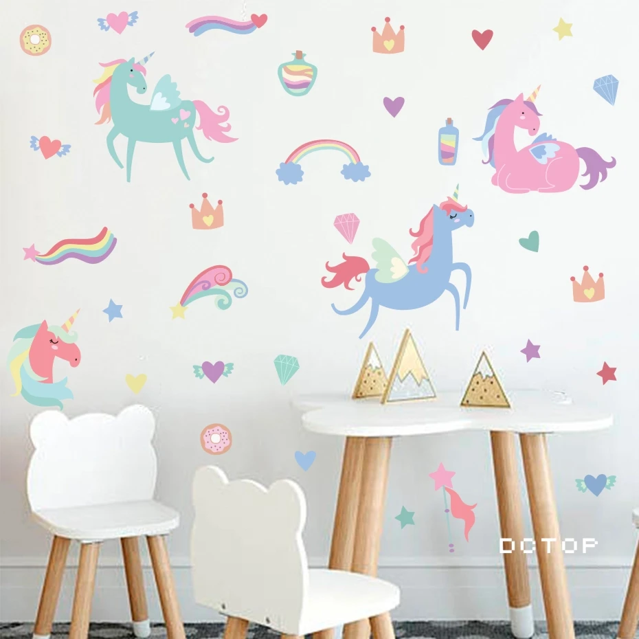 

Colorful Rainbow Hearts Magic Unicorns Diy Wall Sticker For Kids Rooms Decoration Nordic Style Decals Stickers Murals Home Decor