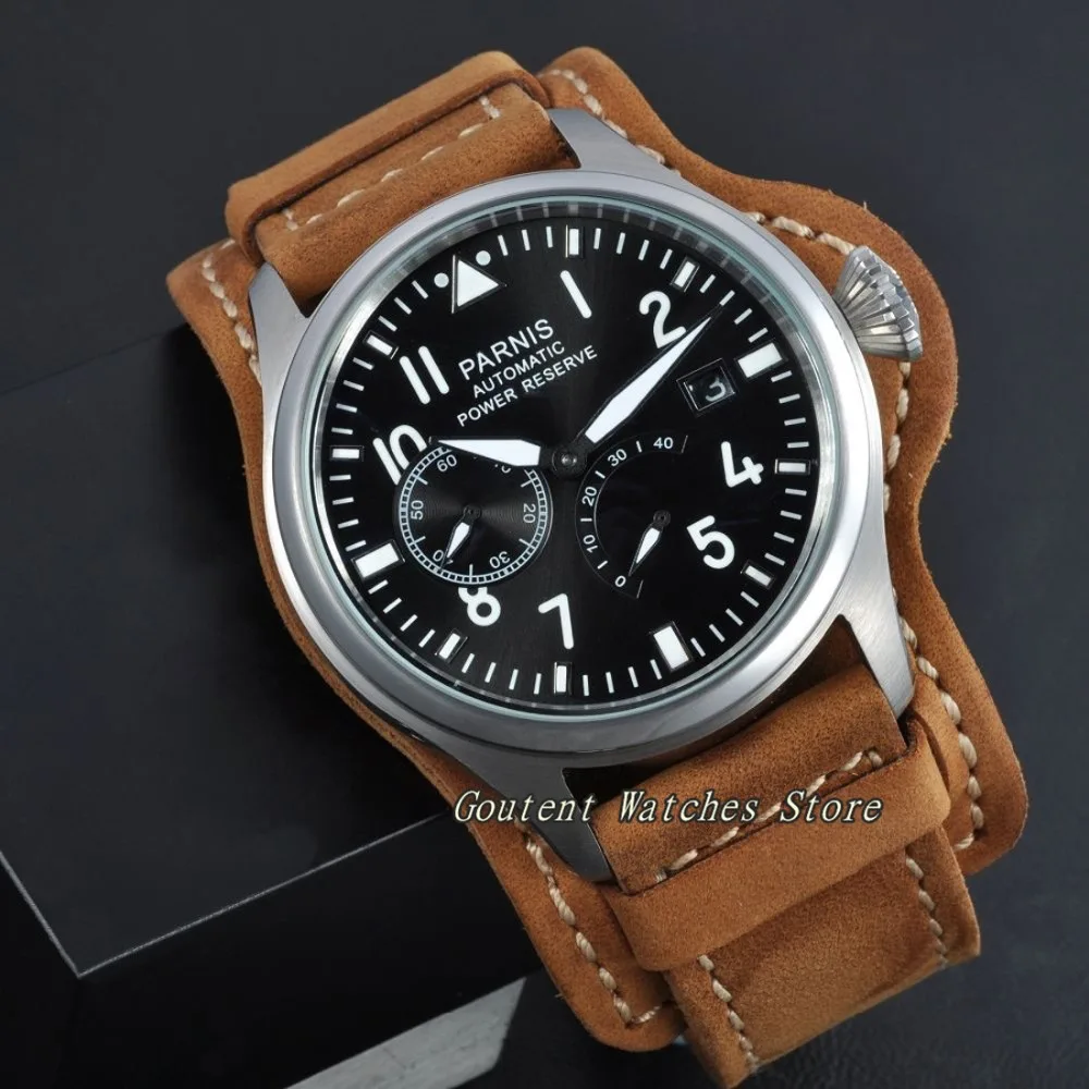 

47mm Parnis Date Wristwatch Power Reserve Steel Seagull 2530 Automatic Men's Watch