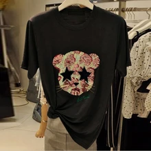 2017 Summer New Cartoon Sequined T-shirts for Women Casual Short Sleeve T Shirt Female Fashion All-match Suit Ladies Tops Tee
