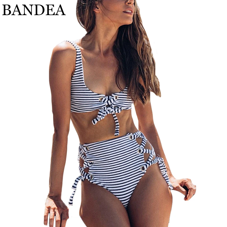 

BANDEA High Waist Bikini Set Female Swimwear Swimsuit Sexy Cut Out Bathing Suit Retro Stripe Biquini Women Bandage Swimming Suit