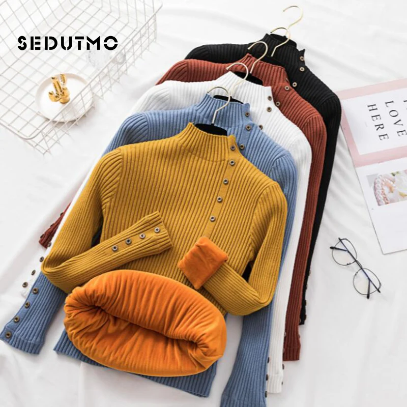 SEDUTMO зимний бархатный женский свитер, пуловеры, толстый теплый вязаный джемпер с длинным рукавом, сексуальный тонкий базовый свитер, черный топ ED626