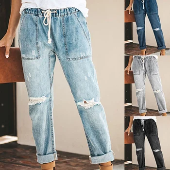 Mom Jeans Mujer Pantalones de cintura alta agujero de encaje-up pantalones de mezclilla con cordón señoras Jeans mujeres más tamaño vaqueros mujer
