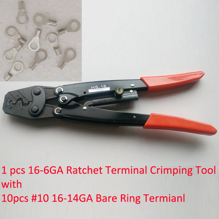 

HS-16 Ratchet Terminal Crimper for Non-insulated AWG16-6 with 10 #10 16-14Ga Wire Ring Terminal Connector Uninsulated