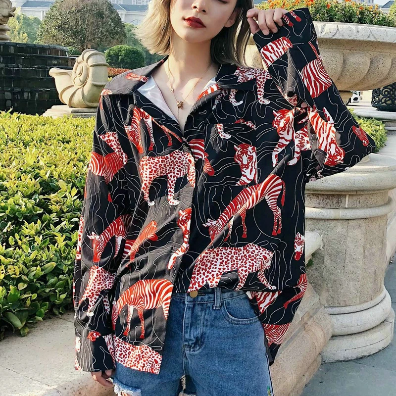 Women cute print loose chiffon blouses turn down collar