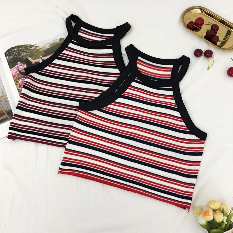 

2019 Summer Round Neck Color Striped Knit Vest Strapless Sexy Sling Slim Sleeveless Shirt T-shirt Wear Sweet Short Camis Tops