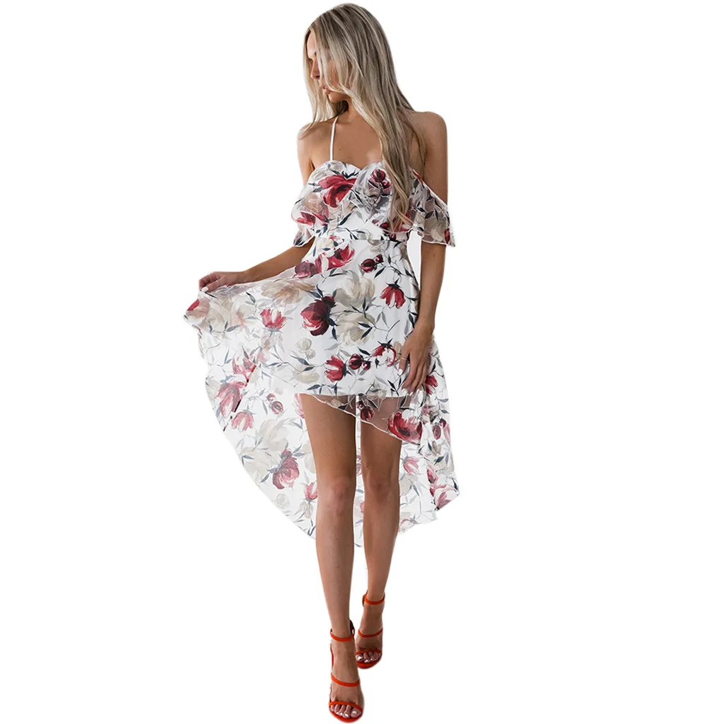 

2019 Womens Off Shoulder Boho Flower Lady Beach Summer Sundrss miss Dress Princess Vacation Short Front Long Back