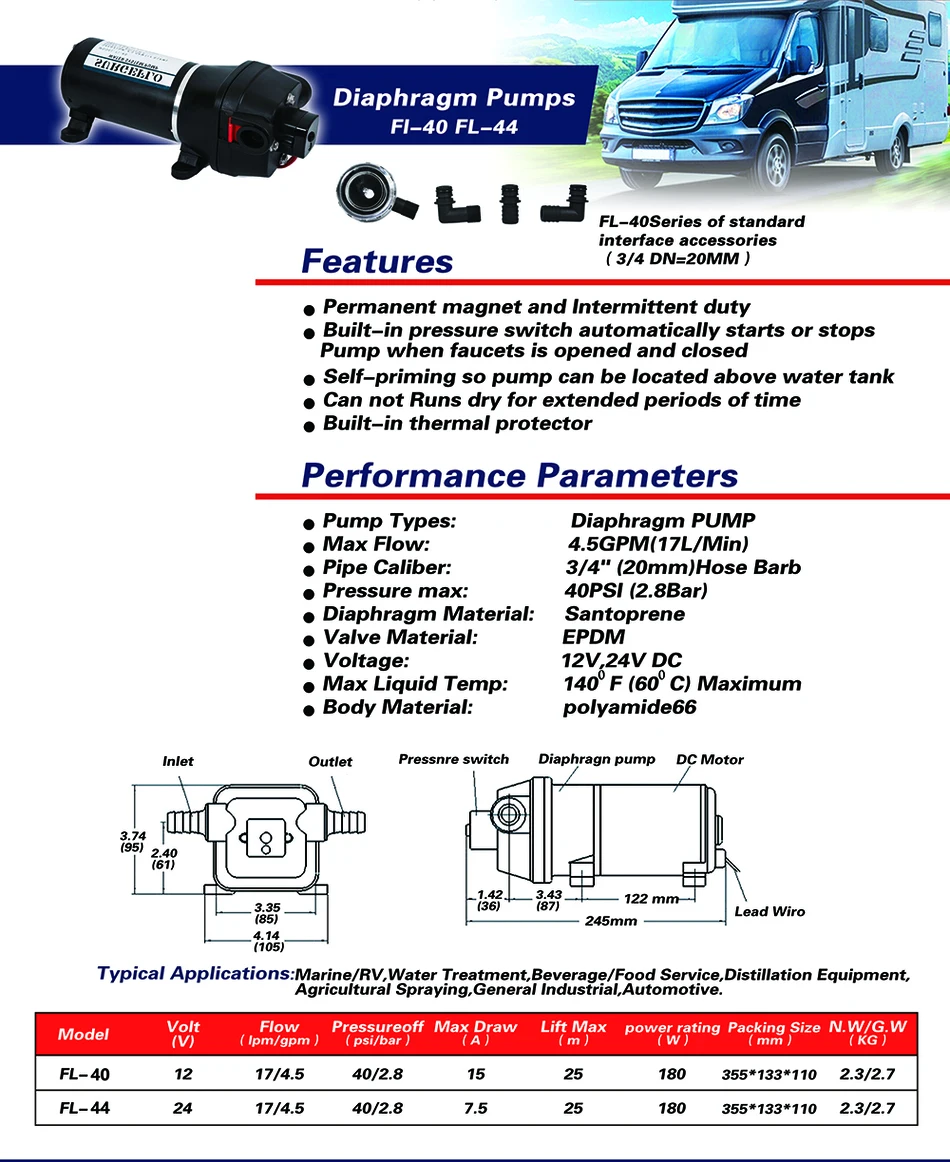 FL-40 FL-44 12 В/24 В низкого давления 40PSI (2.8Bar) электрический мембранный насос орошения Motorhome автомобильный источник воды