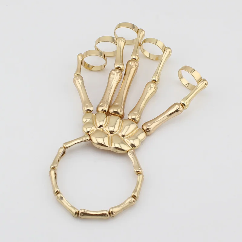 Hapiship Модный Стильный золотой эластичный браслет на Хэллоуин с черепом и скелетом+ кольца RCH Cool