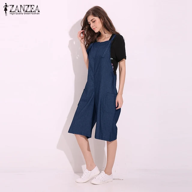 2018 ZANZEA Rompers Womens Jumpsuit Sexy Vintage Sleeveless Adjustable Strap Wide Leg Pants Denim Solid Overalls Plus Size
