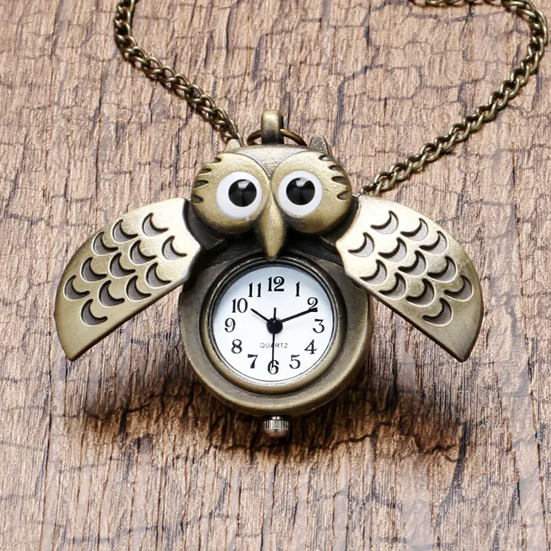 

Trendy Vintage Bronze Cute Night Owl Necklace Pendant Quartz Steampunk Pocket Watch Chain Gift for Men Women