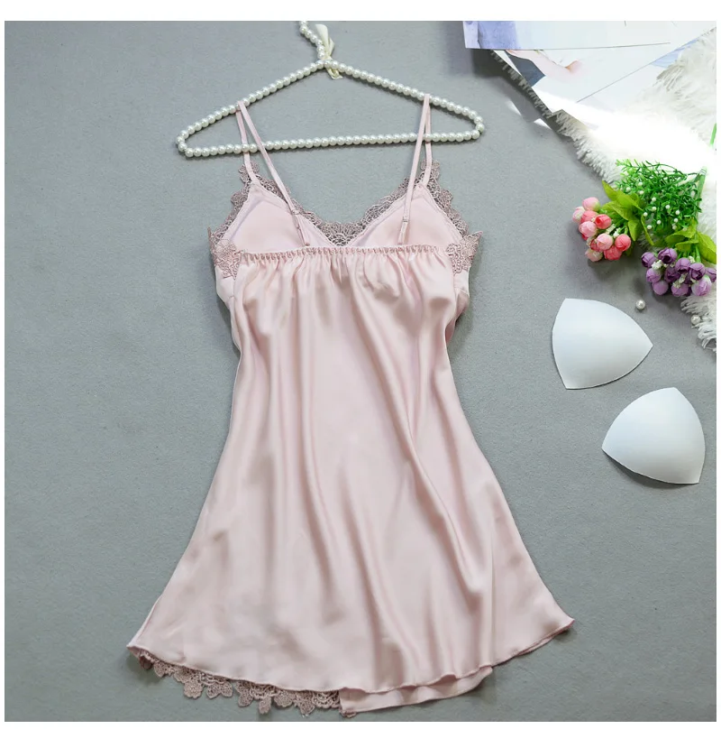 Sexy Silk Lace Sleepwear Dress Women Summer Solid Satin Nightgown Spaghetti Strap Sleeveless Nightwear Lingerie Sexy Night dress (9)