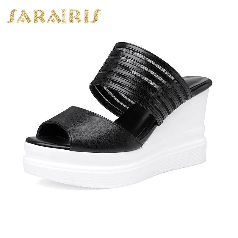 

Sarairis 2019 Brand New Solid High Quality Slippers Women High Heels Platform Cow Leather Slippers Women Wedges Shoes Woman