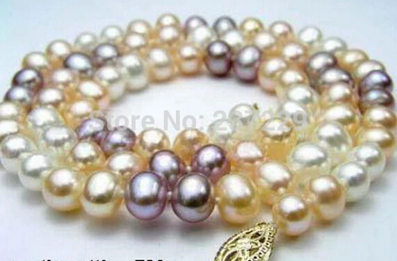 

HOT## Wholesale price FREE SHIPPING^^^^7-8mm Multicolor Real White Pink Purple Pearl 18KGP Flower Clasp Necklace