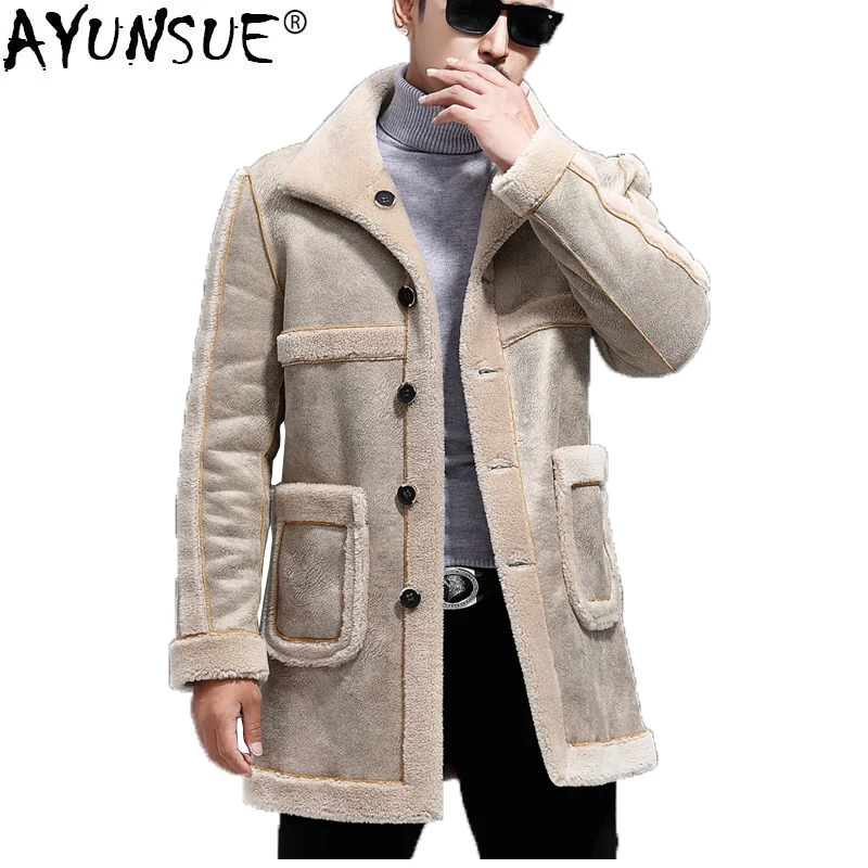 

AYUNSUE Real Wool Fur Coat Men Long Fall Winter Jacket Man Sheep Shearing Mens Real Furs Two Side Wear Suede Jacket 80818 KJ1122