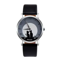 Для женщин часы Круглый повседневное женские часы кожа милый кот узор часы для женщин девочки часы кварцевые наручные часы Montre Femme * A