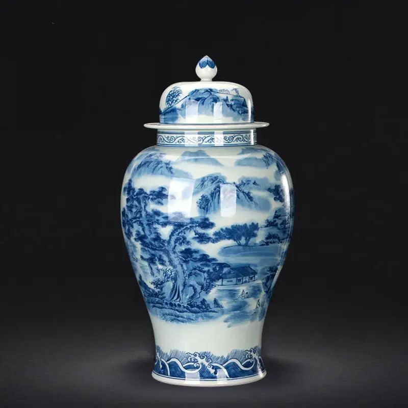 

Jingdezhen Hand Painted Landscape Temple jar Blue And White Porcelain Vase Large Chinese Living Room big ceramic jar vase