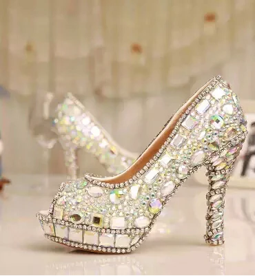 AB/Свадебная обувь с кристаллами женские туфли на высоком каблуке для невесты Вечерние модельные туфли для девочек Женская обувь на платформе с открытым носком, большие размеры - Цвет: 12cm heel open toe