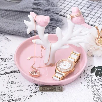 

Ceramic Makeup Organizer Mediterranean Jewelry Box Tree Bird Ring Lipstick Cosmetic Organizer Rack Necklace Display Organizer