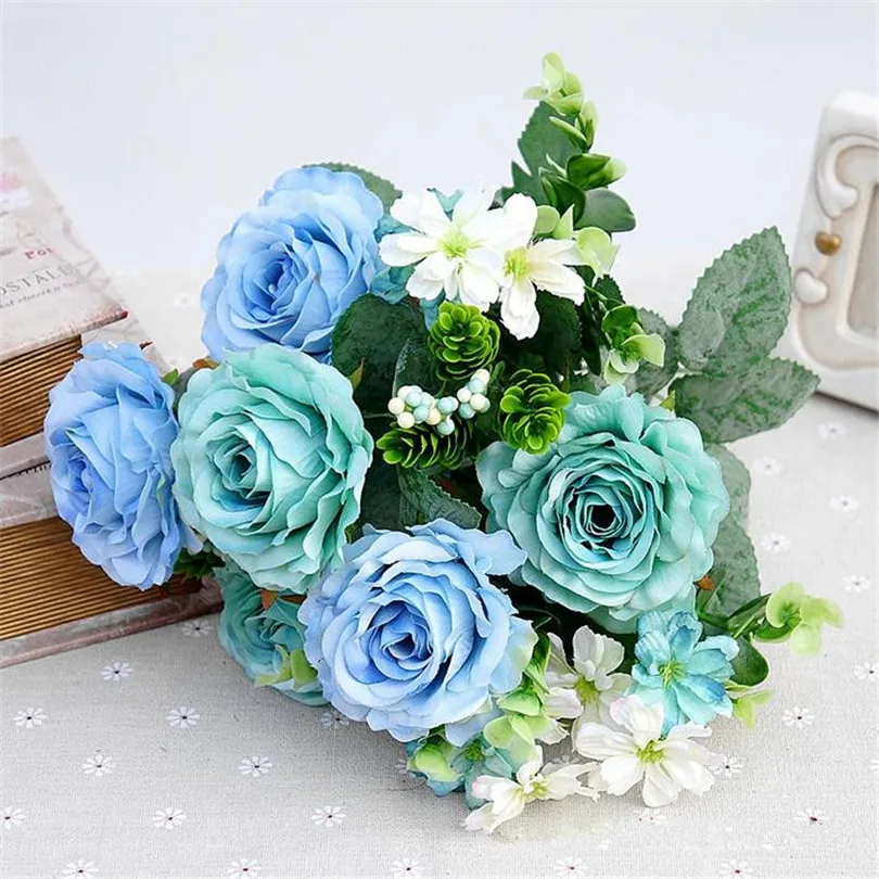 

European Fake Rose Bunch (11 stems/piece) Artificial Rose & Cherry Flower Head with Foam Fruit for Wedding Centerpieces