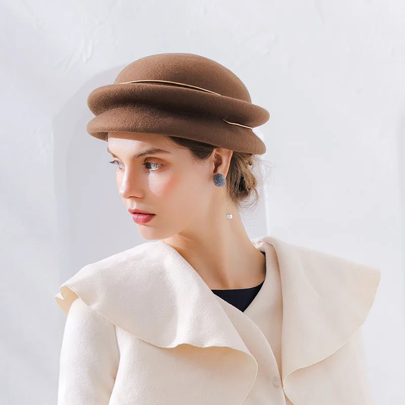 Фибоначчи брендовый качественный женский берет осень зима фетровые шляпы металлическое Кольцо Элегантная Банкетная шерстяная фетровая шляпа - Цвет: Light brown
