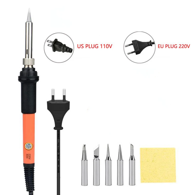 Dusco.E 60W 110V 220V Adjustable Temperature Electric Soldering Iron Set With Soldering Iron Stand Tweezer 5pcs Tips Solder Wire