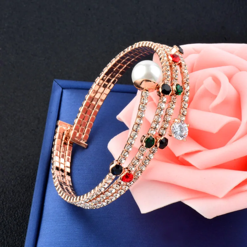 

SINLEERY Luxury Cubic Zirconia Imitation Pearl Bracelets Women Wedding Wrap 4 Layers Open Bangle SL326 SSA
