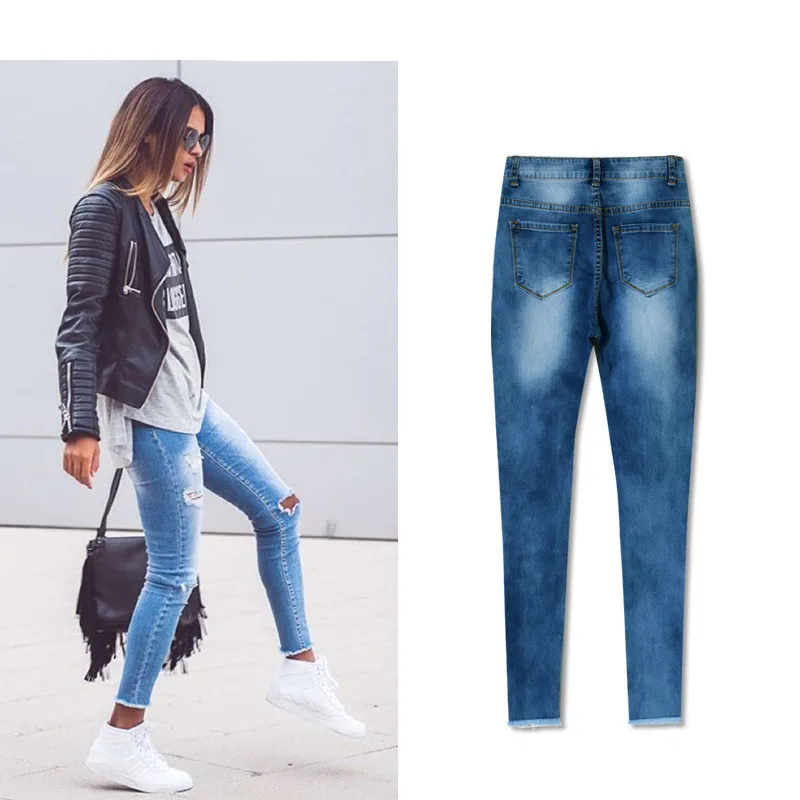 Jeans High Waist Ripped Hole Women Boyfriend Jeans Navy Blue Cotton Skinny Denim Push Up Bleached Fashion Female Jeans Femme (18)