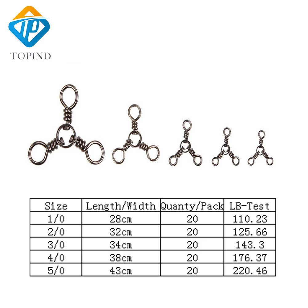 

TOPIND 20pcs 1/0 2/0 3/0 4/0 5/0 3 way swivel fishhooks 3-way fishing swivels solid rings connector fishing tackle