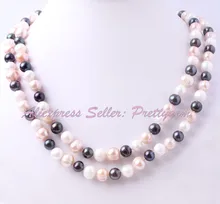 Envío libre 9-10mm Nearround Naturales Perlas de Agua Dulce Multicolor de la Moda Piedra Preciosa No Botón Suéter Collar de Trabajo Hecho A Mano 40″